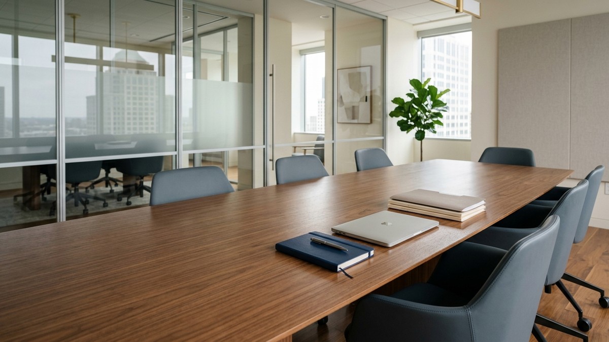 A calm, modern conference room with natural light, ready for a neutral case-review conversation